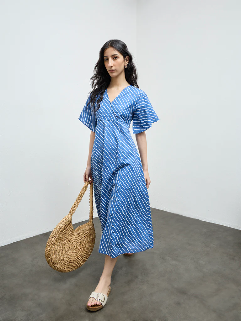 Bombay Paisley Blue Striped Cotton A-Line Dress - Image 2