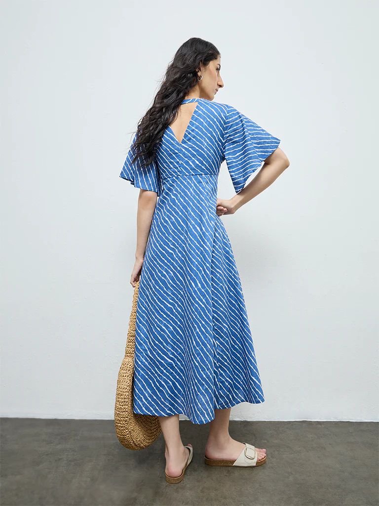 Bombay Paisley Blue Striped Cotton A-Line Dress - Image 4