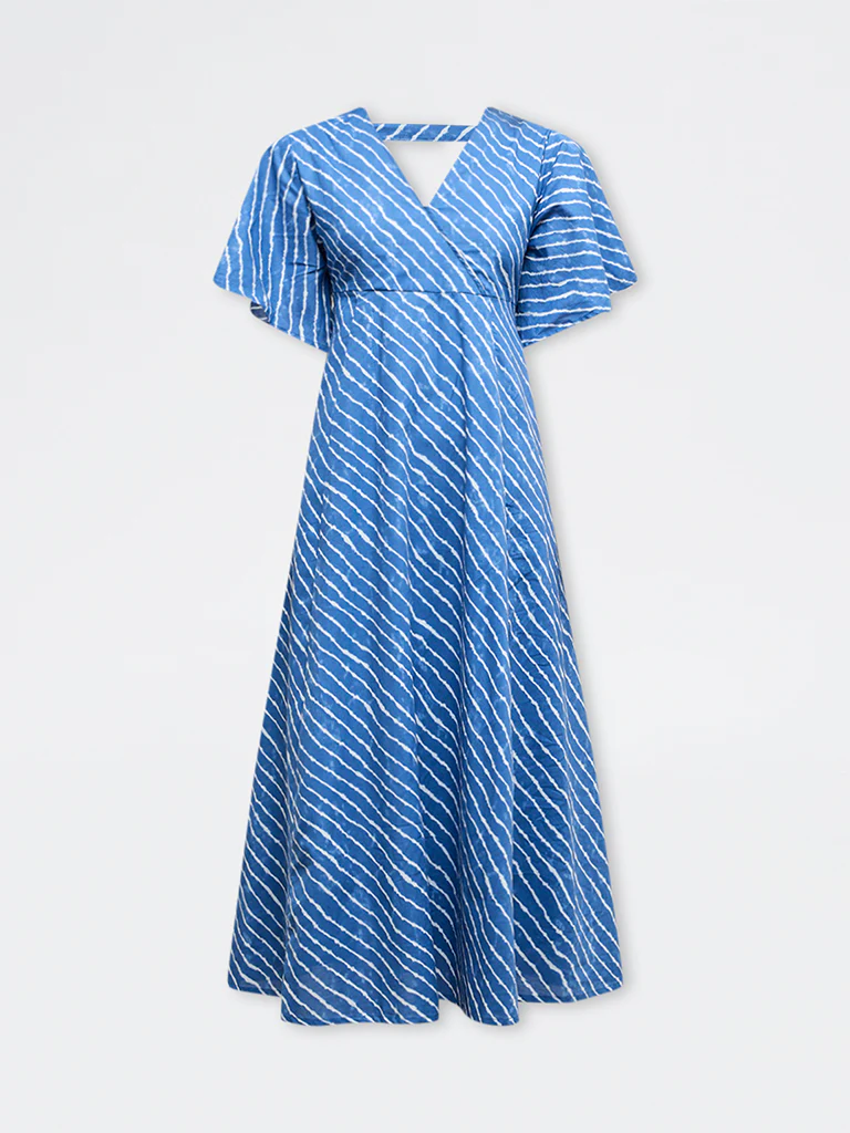 Bombay Paisley Blue Striped Cotton A-Line Dress - Image 5