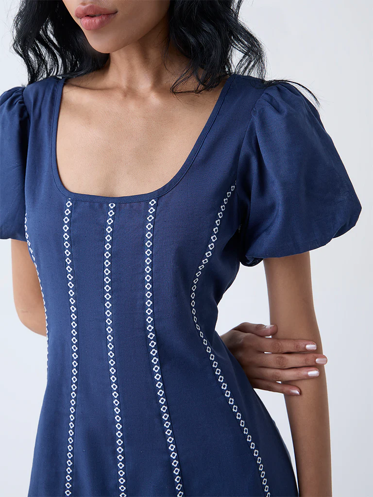 Bombay Paisley Blue Striped Cotton-Blend A-Line Dress - Image 3