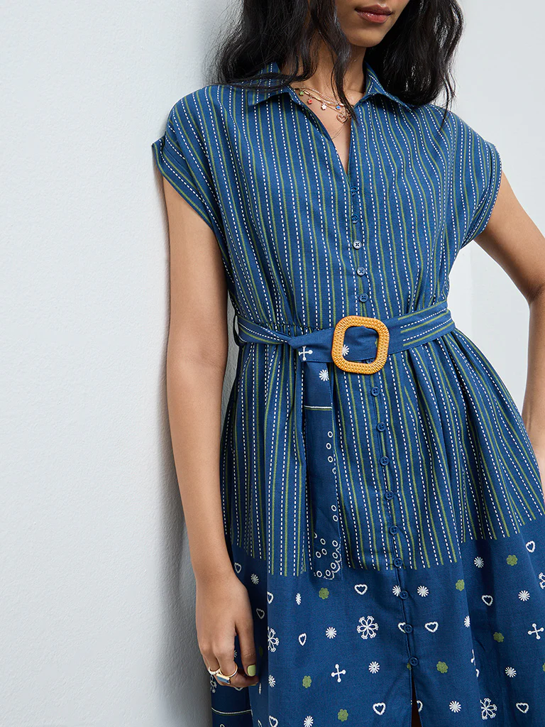 Bombay Paisley Blue Striped Cotton Shirt Dress with Belt - Image 3