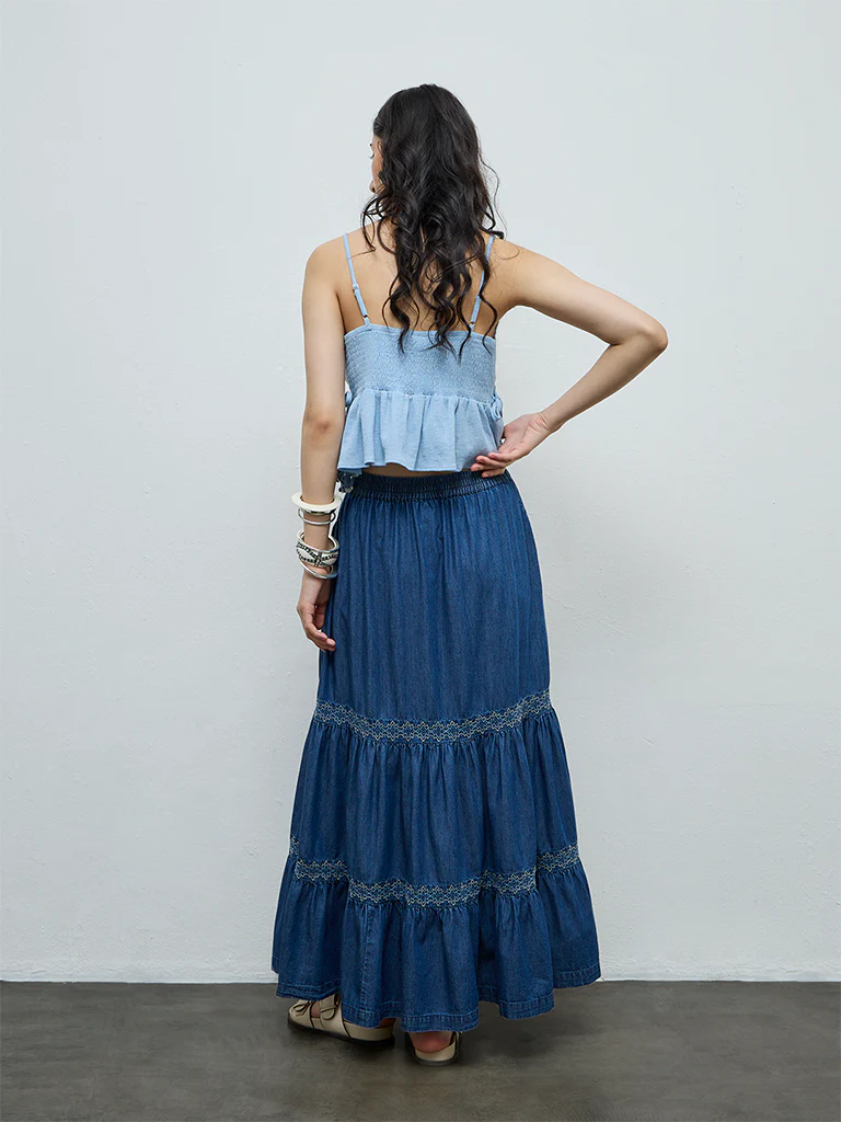 Bombay Paisley Blue Tiered Denim Skirt - Image 4