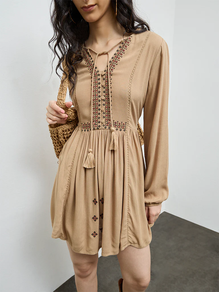 Bombay Paisley Brown Embroidered A-Line Dress - Image 3