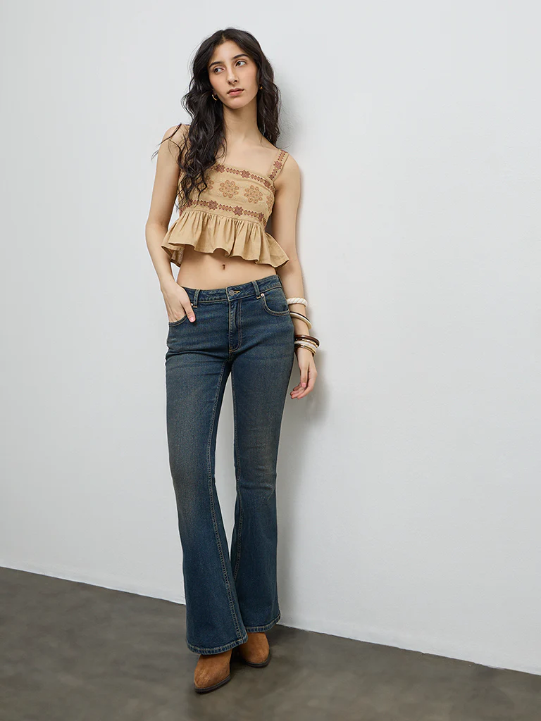 Bombay Paisley Brown Embroidered Cotton-Blend Peplum Top - Image 2