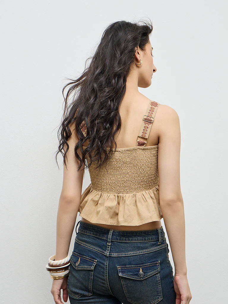 Bombay Paisley Brown Embroidered Cotton-Blend Peplum Top - Image 4