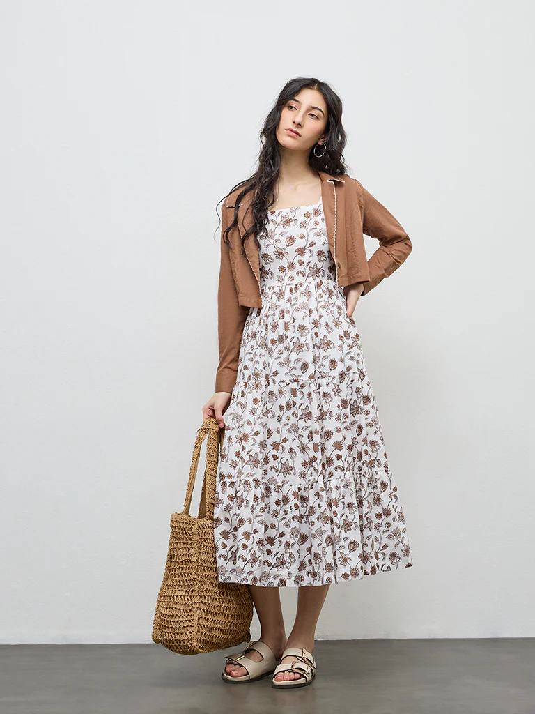 Bombay Paisley Brown Floral Cotton Tiered Dress with Jacket - Image 2