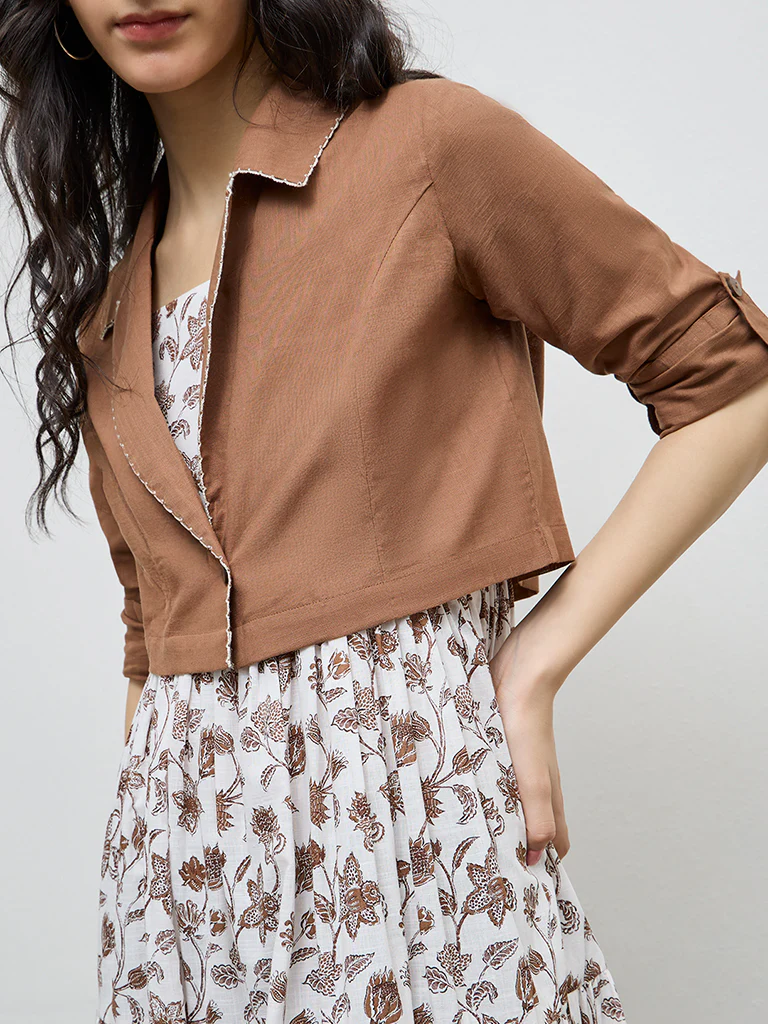 Bombay Paisley Brown Floral Cotton Tiered Dress with Jacket - Image 3