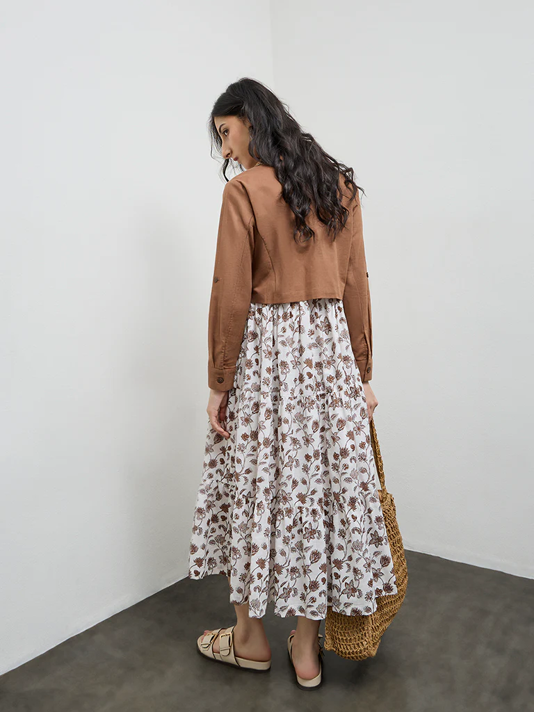 Bombay Paisley Brown Floral Cotton Tiered Dress with Jacket - Image 4