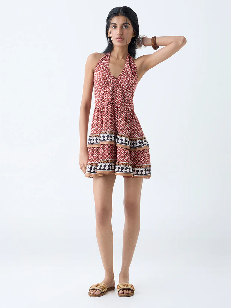 Bombay Paisley Brown Floral Halter-Neck A-Line Dress - Image 2