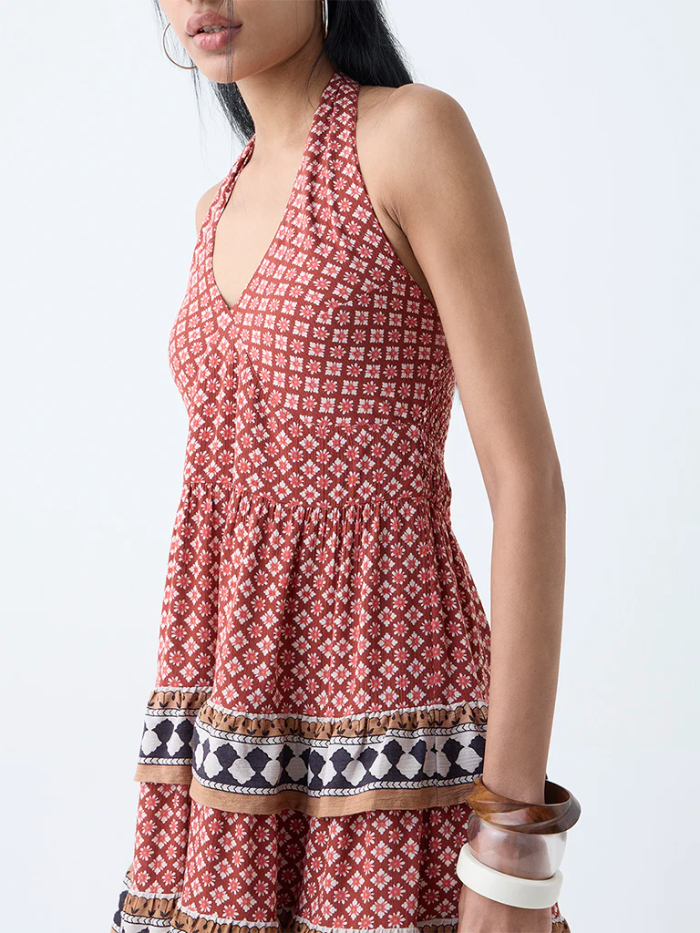 Bombay Paisley Brown Floral Halter-Neck A-Line Dress - Image 3
