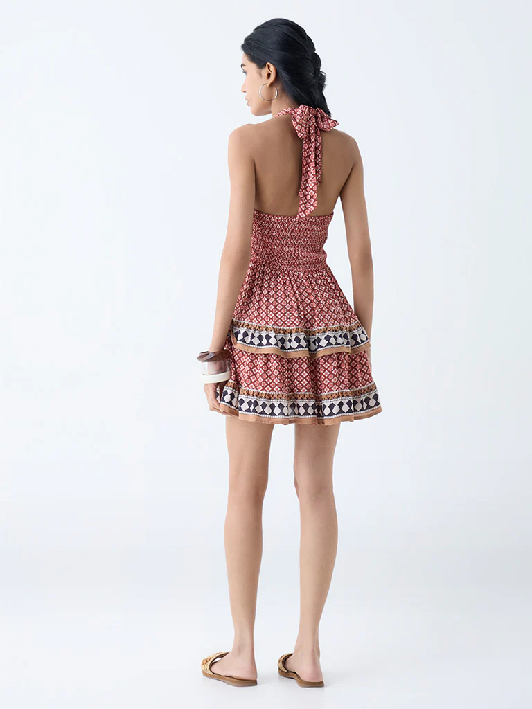 Bombay Paisley Brown Floral Halter-Neck A-Line Dress - Image 4
