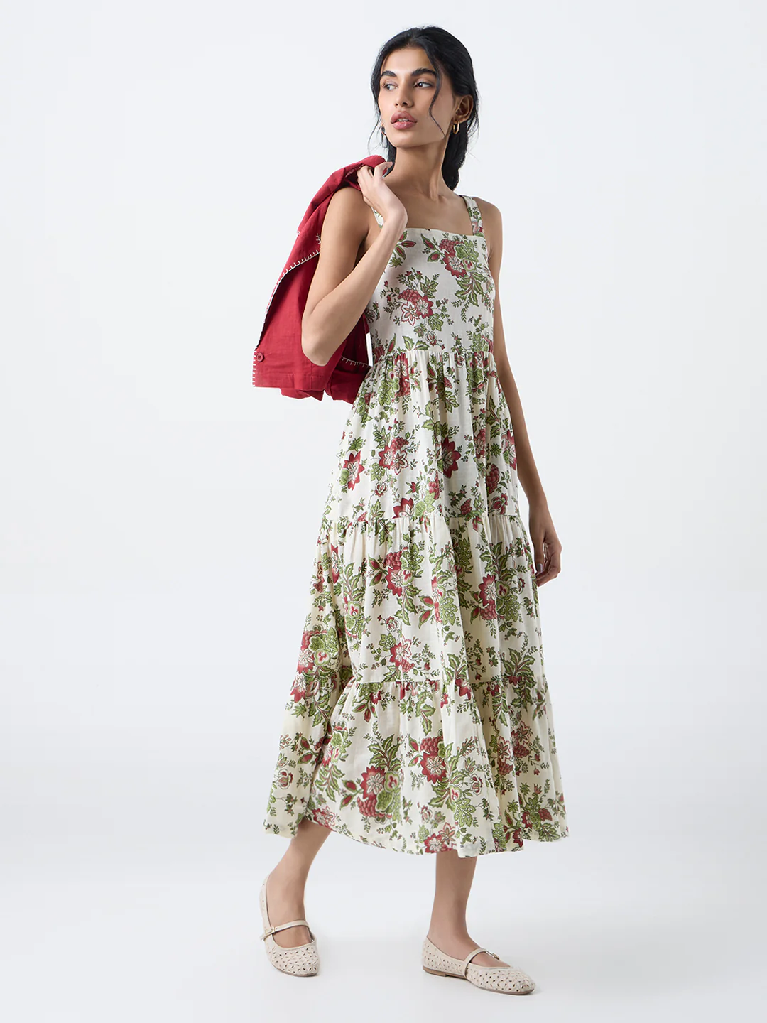 Bombay Paisley Cream Cotton Tiered Dress with Jacket - Image 2