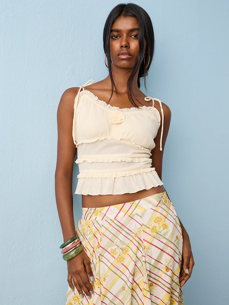 Bombay Paisley Cream Crinkle-Textured Cotton Top - Image 2