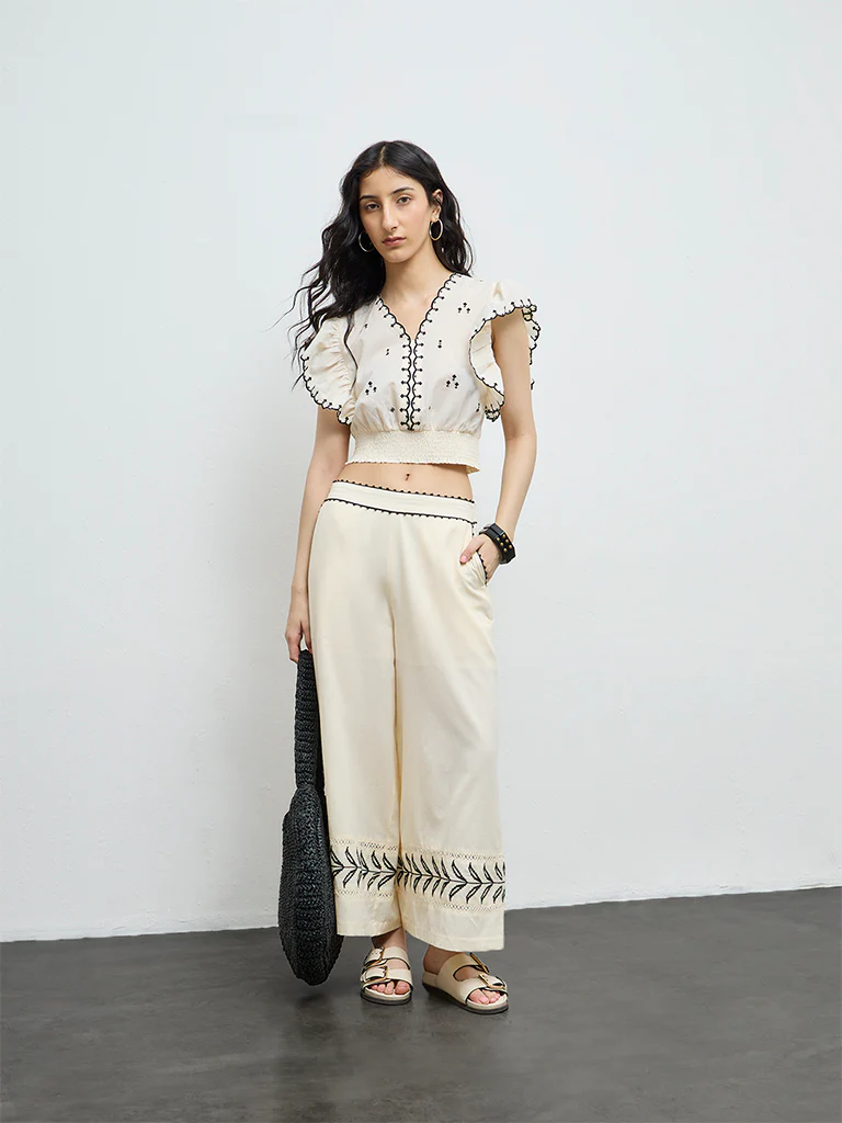 Bombay Paisley Cream Embroidered Cotton-Blend Top