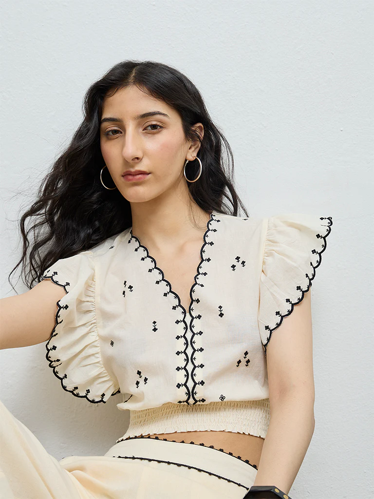 Bombay Paisley Cream Embroidered Cotton-Blend Top - Image 2