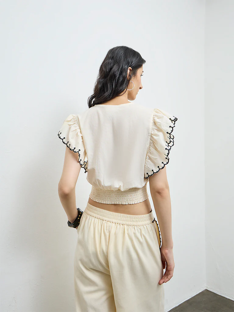 Bombay Paisley Cream Embroidered Cotton-Blend Top - Image 4