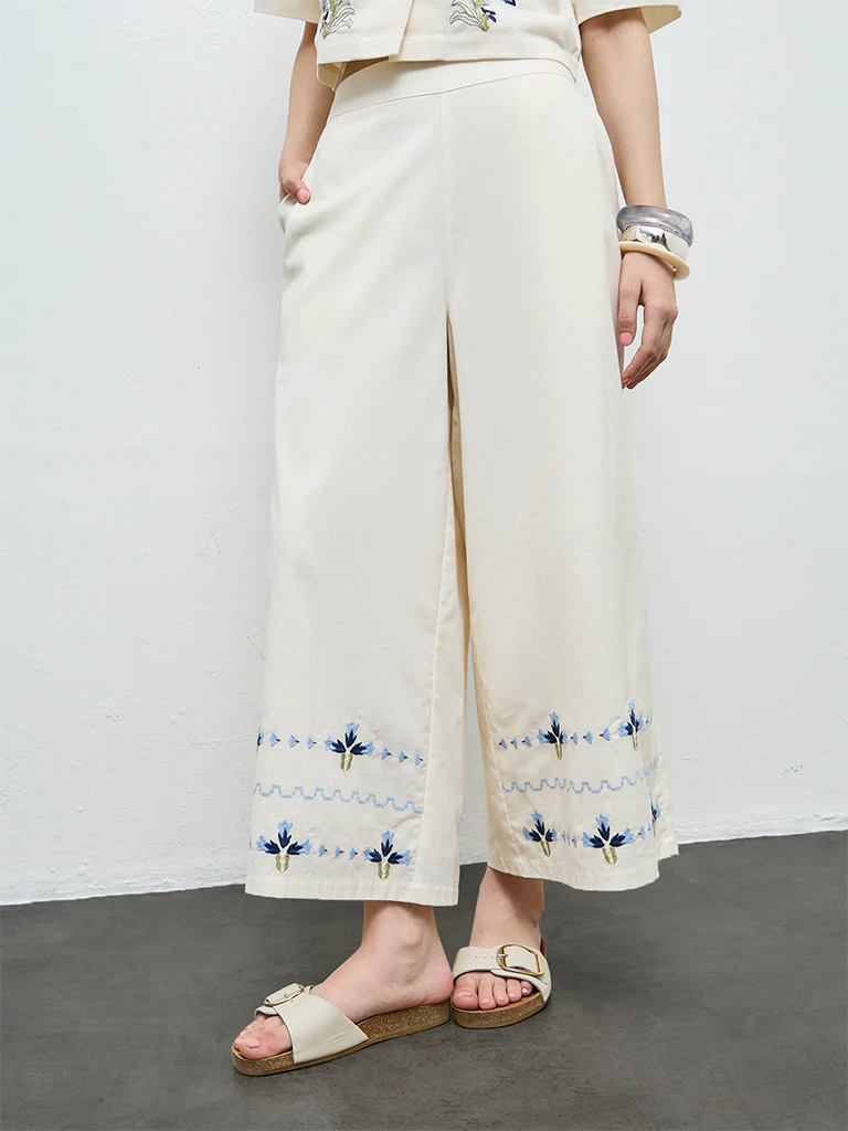 Bombay Paisley Cream Floral Embroidered Cotton-Blend Pants - Image 2
