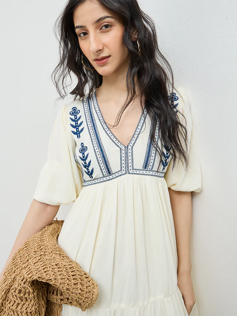 Bombay Paisley Cream Floral Embroidered Tiered Dress - Image 3