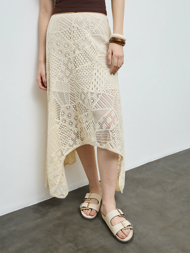 Bombay Paisley Cream Lace-Textured Cotton Skirt - Image 2
