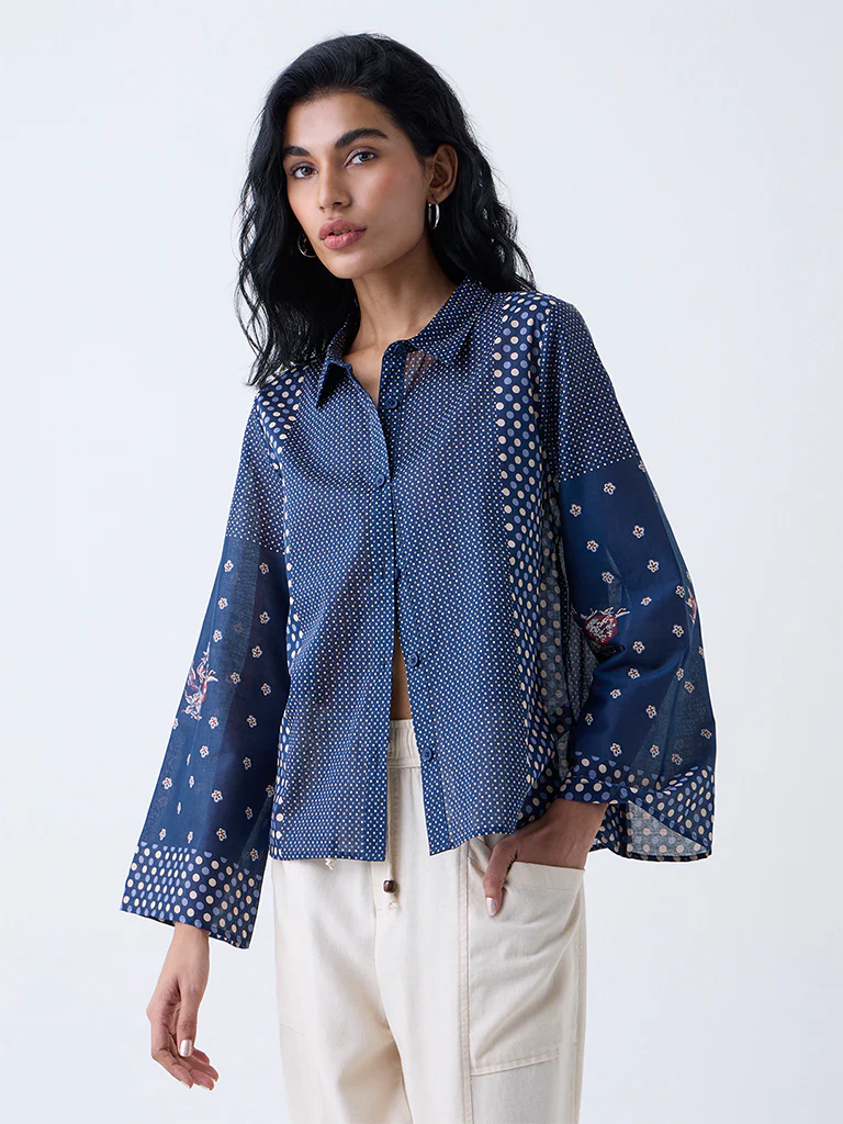 Bombay Paisley Dark Blue Badla Printed Cotton Shirt - Image 2