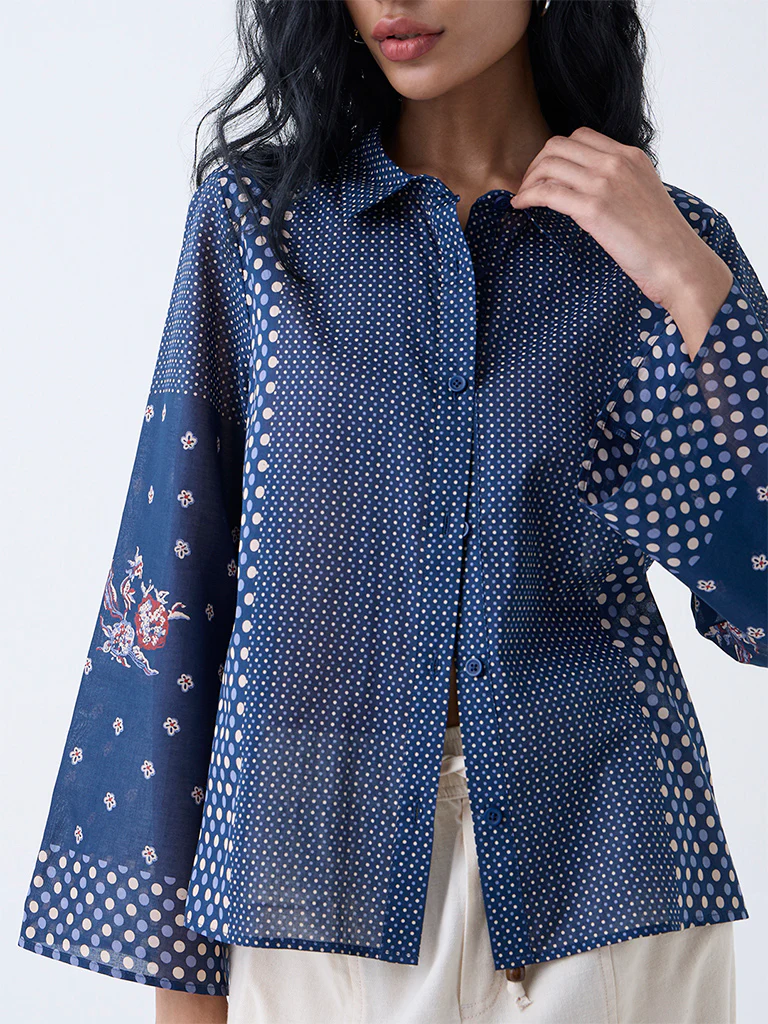 Bombay Paisley Dark Blue Badla Printed Cotton Shirt - Image 3
