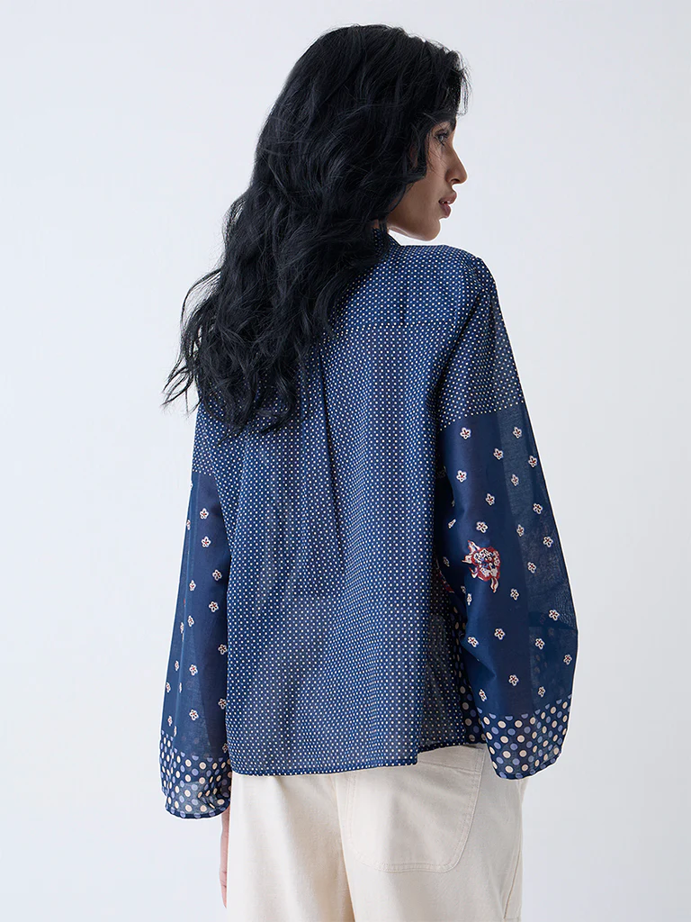 Bombay Paisley Dark Blue Badla Printed Cotton Shirt - Image 4