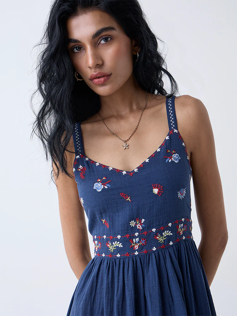 Bombay Paisley Dark Blue Embroidered Cotton A-Line Dress - Image 3