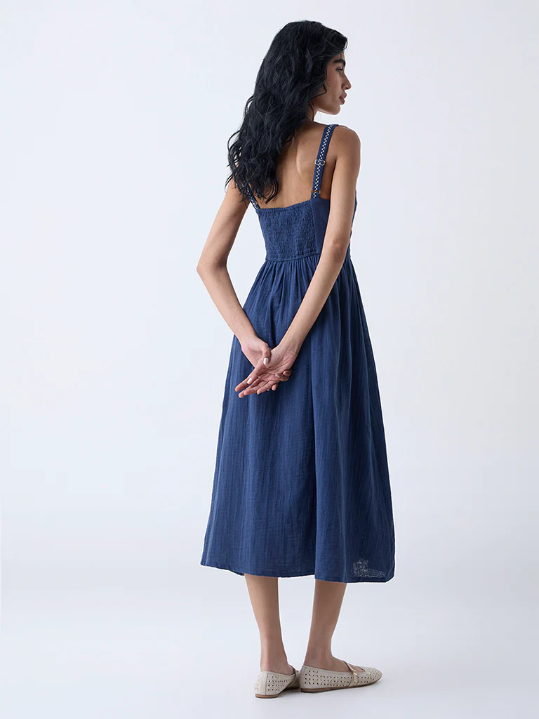 Bombay Paisley Dark Blue Embroidered Cotton A-Line Dress - Image 4