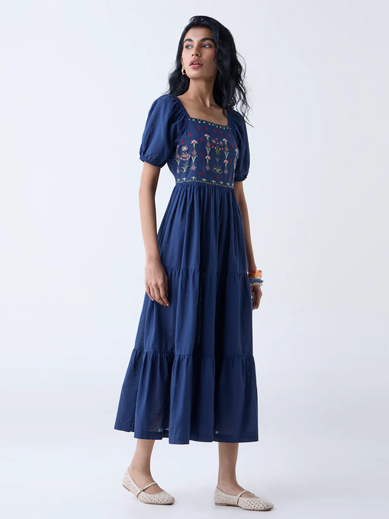Bombay Paisley Dark Blue Embroidered Cotton Tiered Dress - Image 2