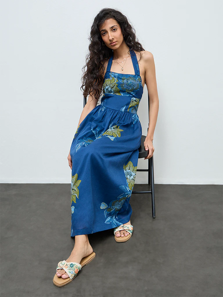 Bombay Paisley Dark Blue Floral Cotton A-Line Dress - Image 2
