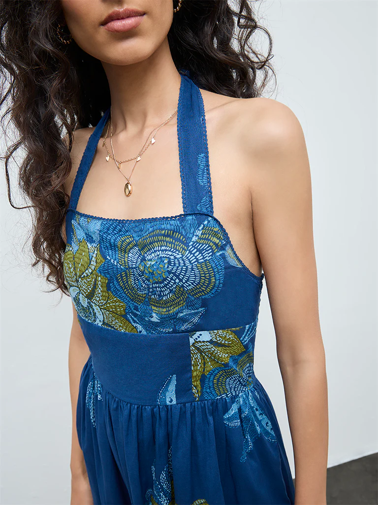 Bombay Paisley Dark Blue Floral Cotton A-Line Dress - Image 3