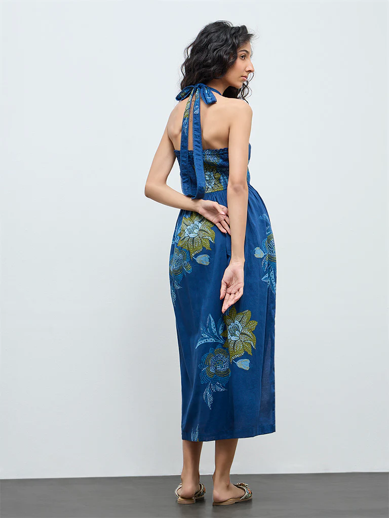 Bombay Paisley Dark Blue Floral Cotton A-Line Dress - Image 4