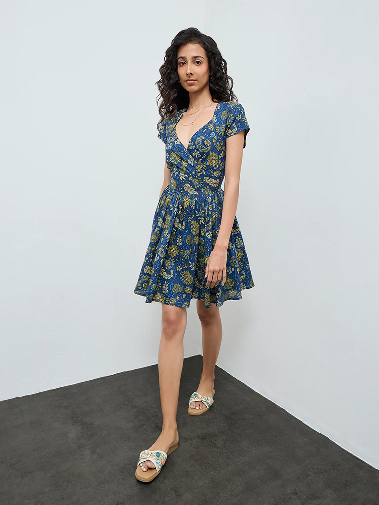 Bombay Paisley Dark Blue Floral Cotton A-Line Dress - Image 2