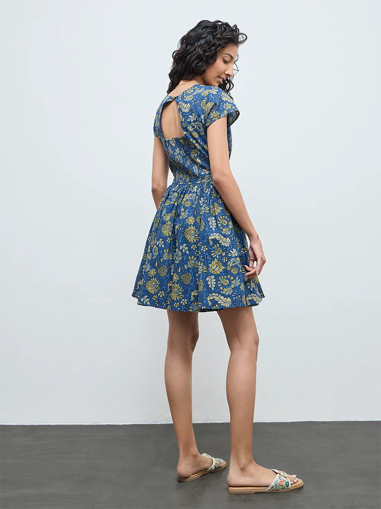 Bombay Paisley Dark Blue Floral Cotton A-Line Dress - Image 4