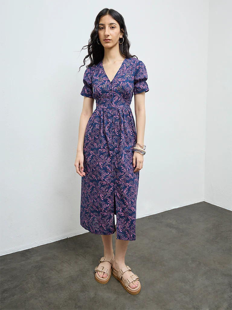 Bombay Paisley Dark Blue Floral Design Cotton A-Line Dress - Image 2