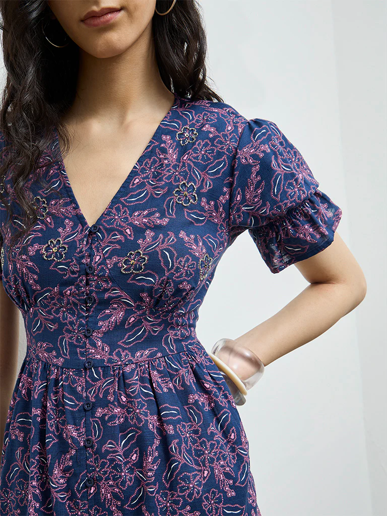 Bombay Paisley Dark Blue Floral Design Cotton A-Line Dress - Image 3