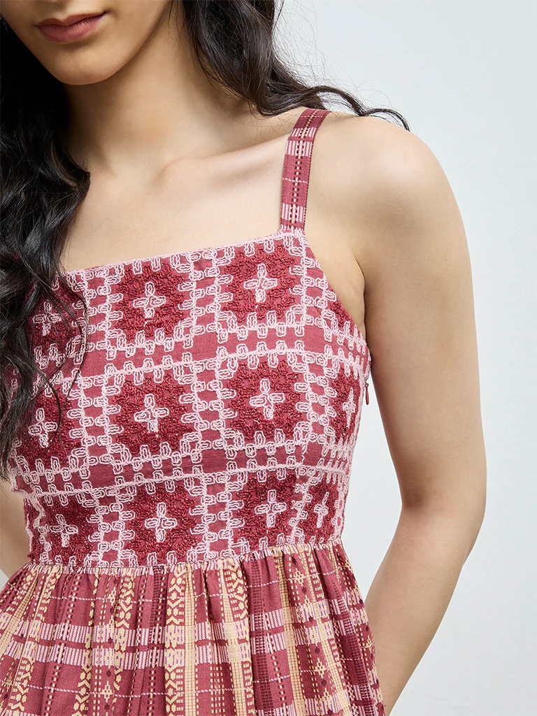Bombay Paisley Dusty Pink Embroidered Cotton Tiered Dress - Image 3
