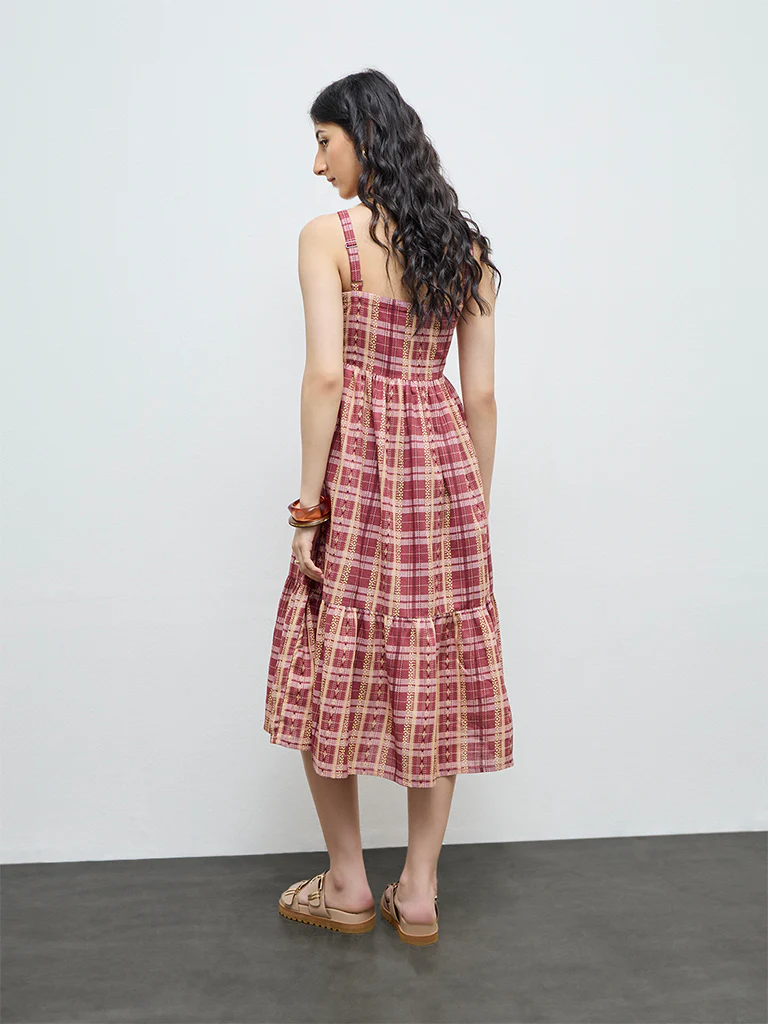 Bombay Paisley Dusty Pink Embroidered Cotton Tiered Dress - Image 4