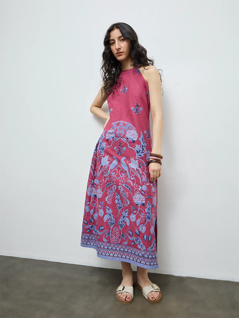 Bombay Paisley Dusty Rose Floral Printed Cotton A-Line Dress