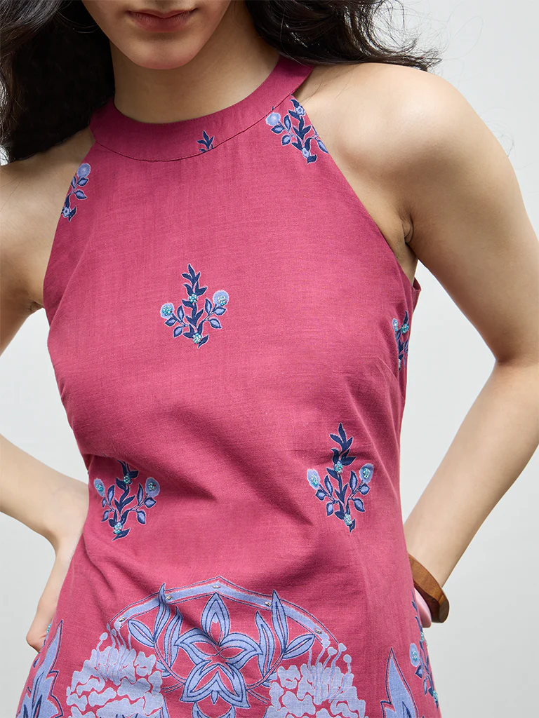 Bombay Paisley Dusty Rose Floral Printed Cotton A-Line Dress - Image 3