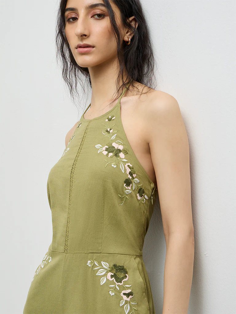 Bombay Paisley Green Embroidered Cotton-Blend Jumpsuit - Image 3