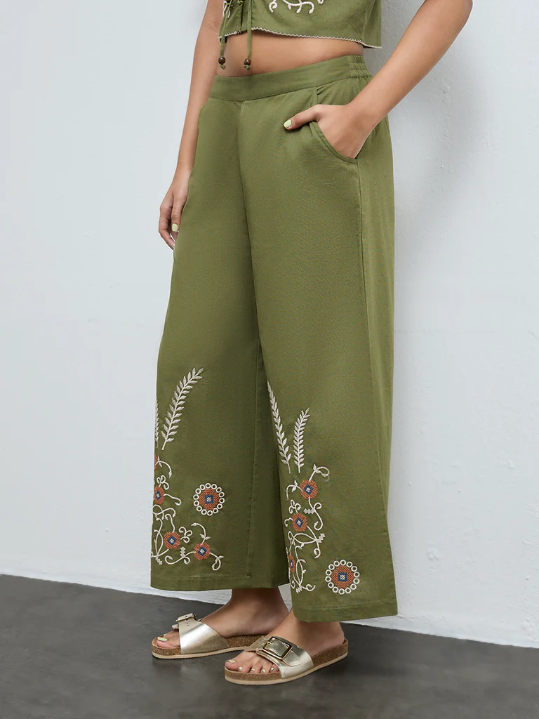 Bombay Paisley Green Embroidered Cotton-Blend Palazzos - Image 2