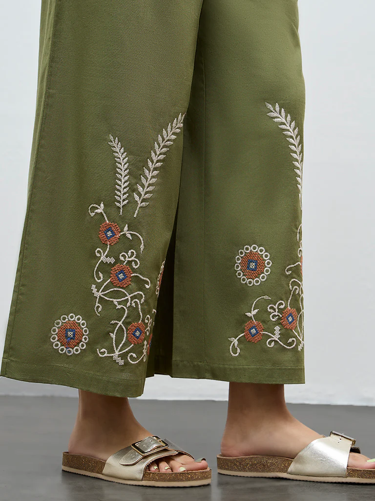 Bombay Paisley Green Embroidered Cotton-Blend Palazzos - Image 3