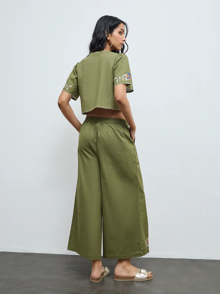 Bombay Paisley Green Embroidered Cotton-Blend Palazzos - Image 4