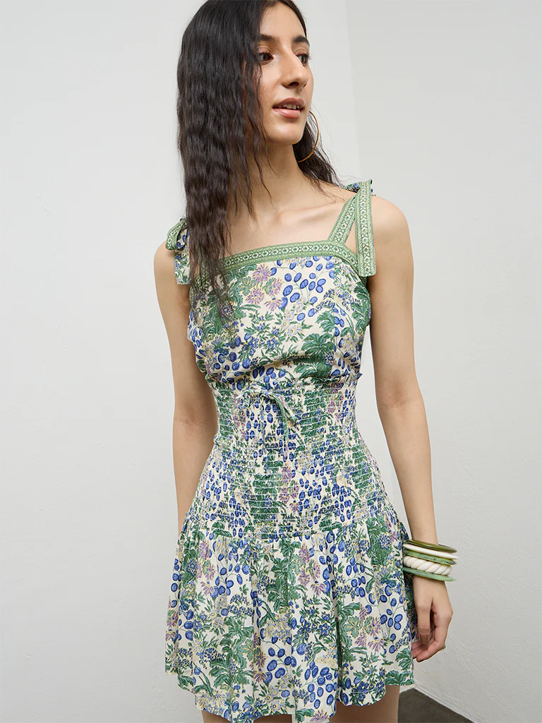 Bombay Paisley Green Floral Cotton-Blend A-Line Dress - Image 2