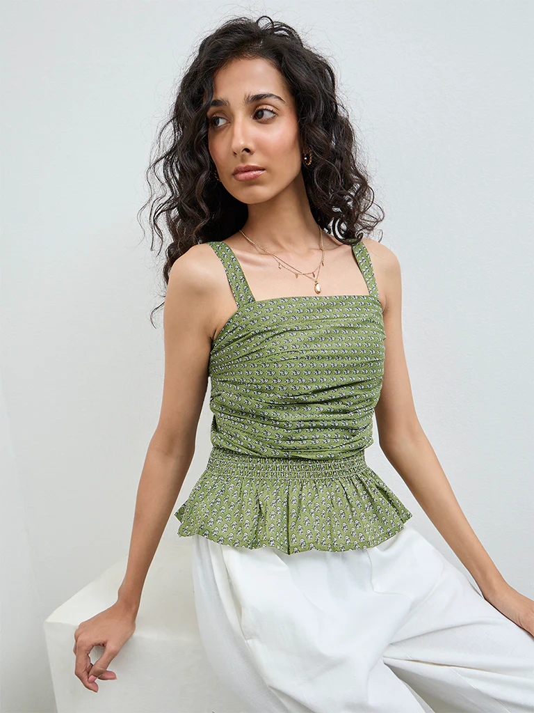 Bombay Paisley Green Floral Cotton Peplum Top - Image 2