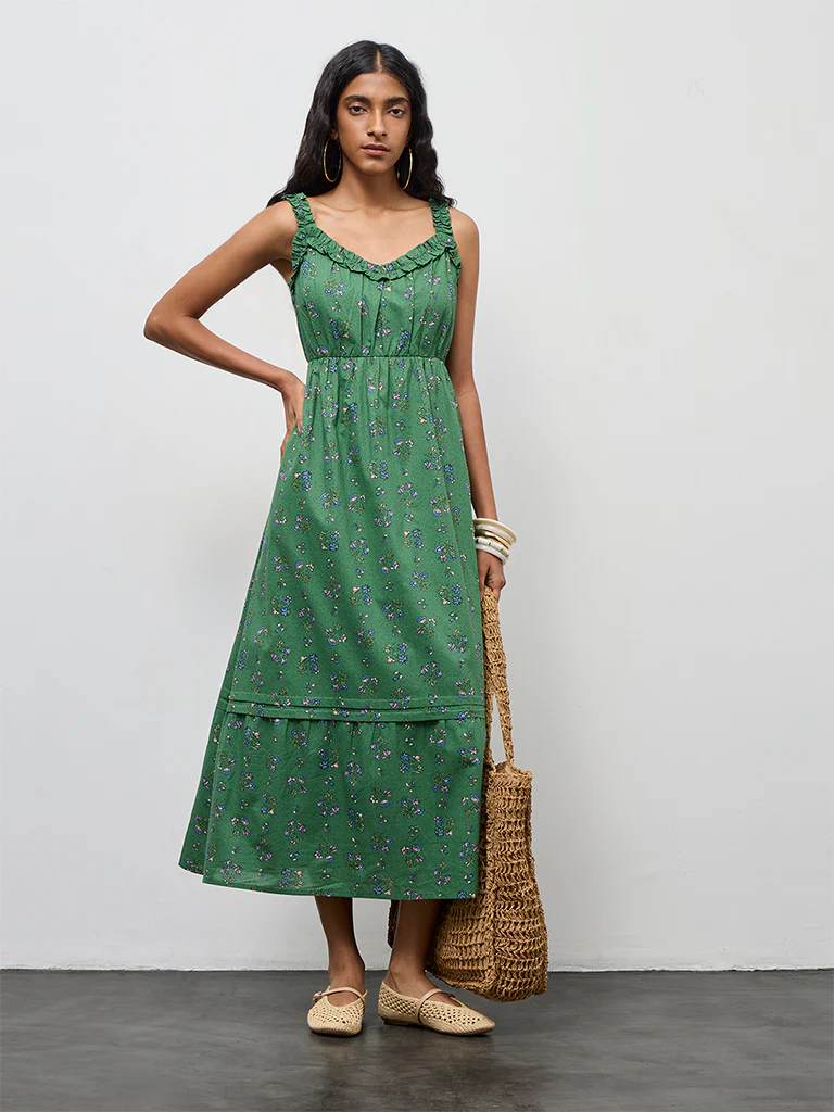 Bombay Paisley Green Floral Design Cotton A-Line Dress