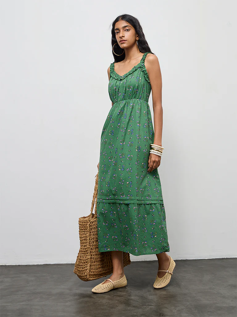 Bombay Paisley Green Floral Design Cotton A-Line Dress - Image 2