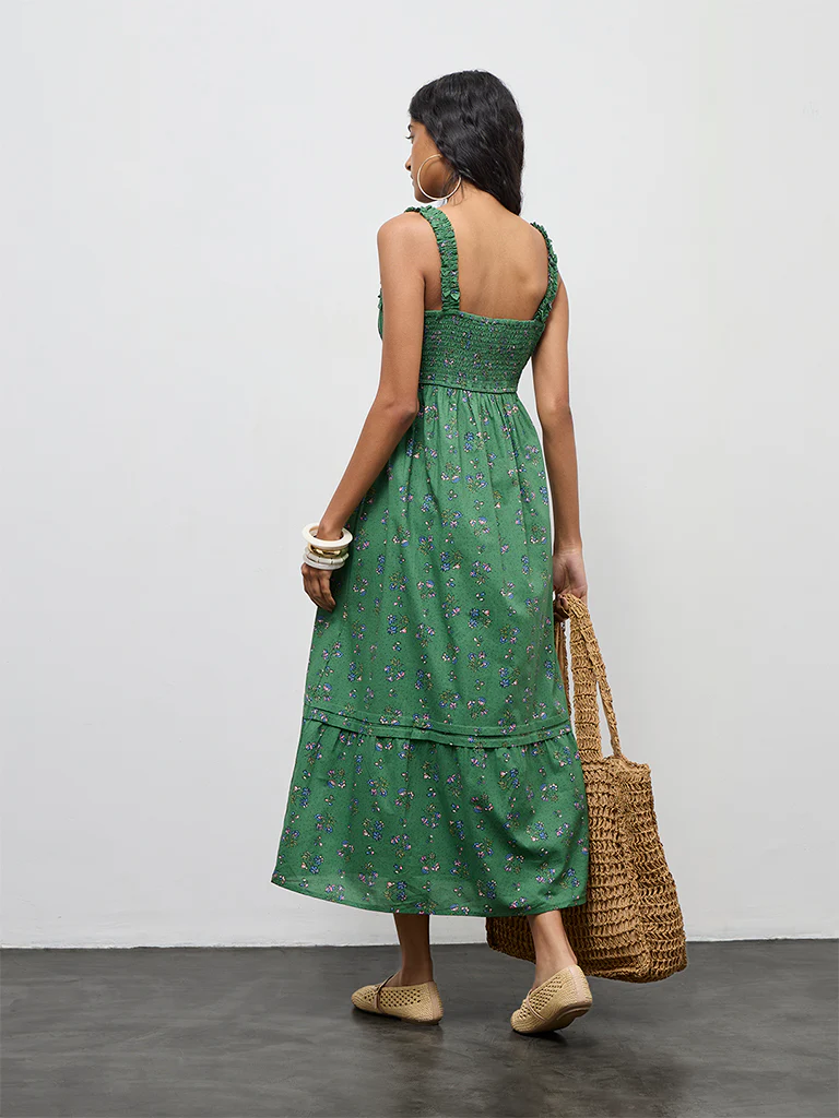 Bombay Paisley Green Floral Design Cotton A-Line Dress - Image 4