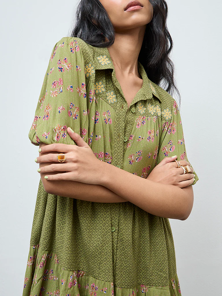 Bombay Paisley Green Floral Design Shirt Dress - Image 3